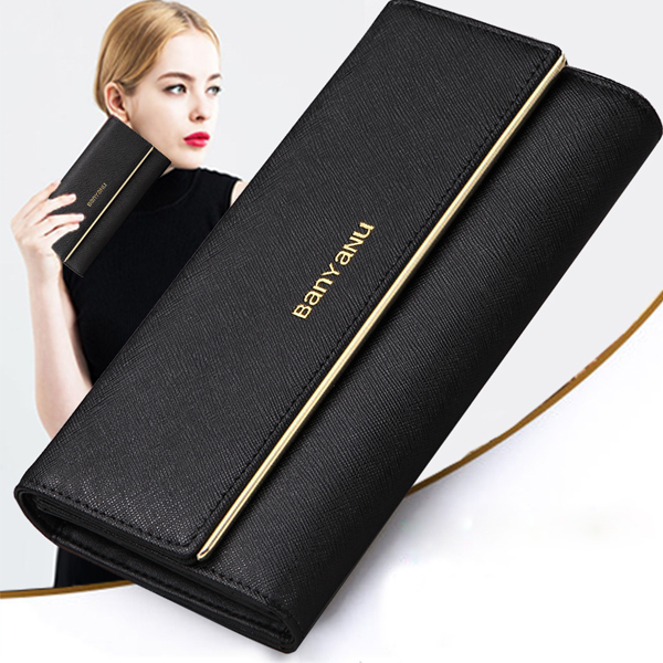 2022 new fashion ladies wallet Women's long women's three -fold leather women's brand counter genuine leather clip thin